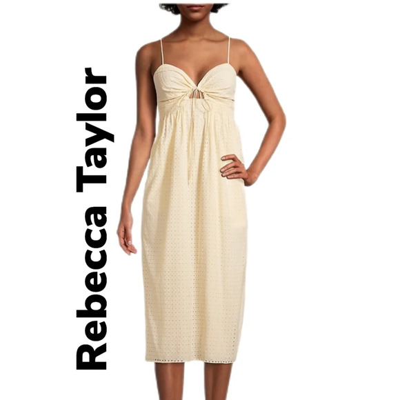 Rebecca Taylor Beige/Cream Lyra Embroidered cutout Midi dress Sz  10 Eyelets - Picture 1 of 16